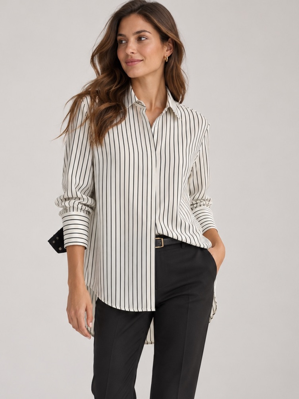 Rachel Zoe Black & White Pinstripe Button-Down Shirt | Size L